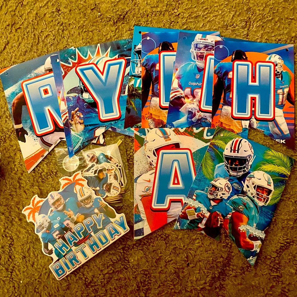 Miami Dolphins Football Birthday Banner and swirling decorations